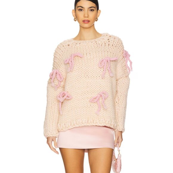 Hope Macaulay Cream Chunky Bow Sweater in Cream & Pink Knit Long Sleeve White